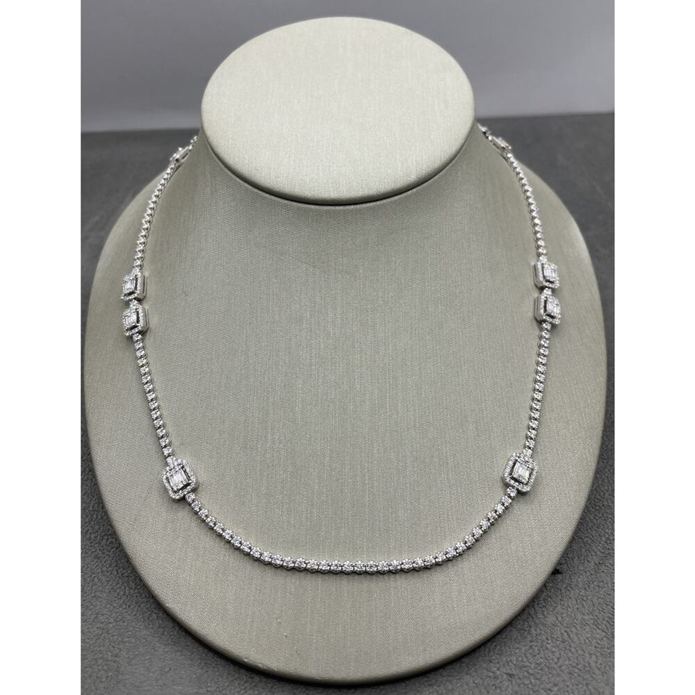 18K White Gold Square Accent Round & Baguette Diamond Tennis Necklace (21051)